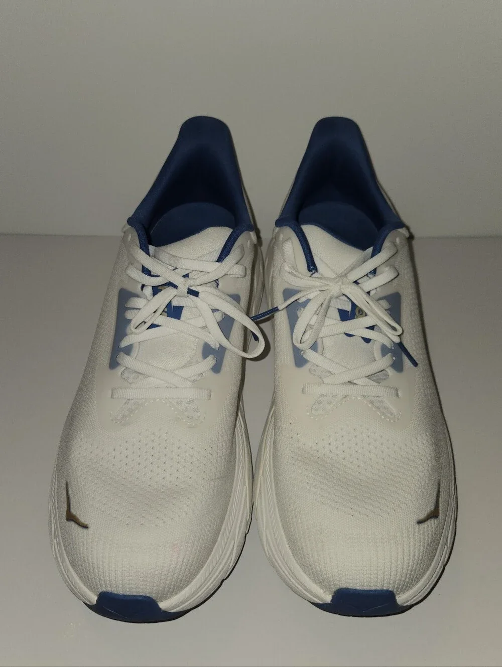 Hoka One One White and Navy Athletic Running Shoes with Gold Logo